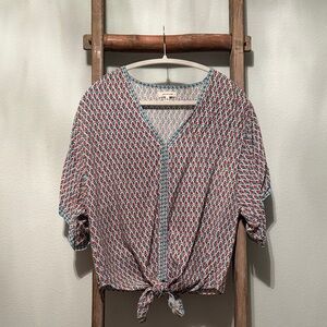 Max Studio Red and Blue Patterned Tie-front Blouse